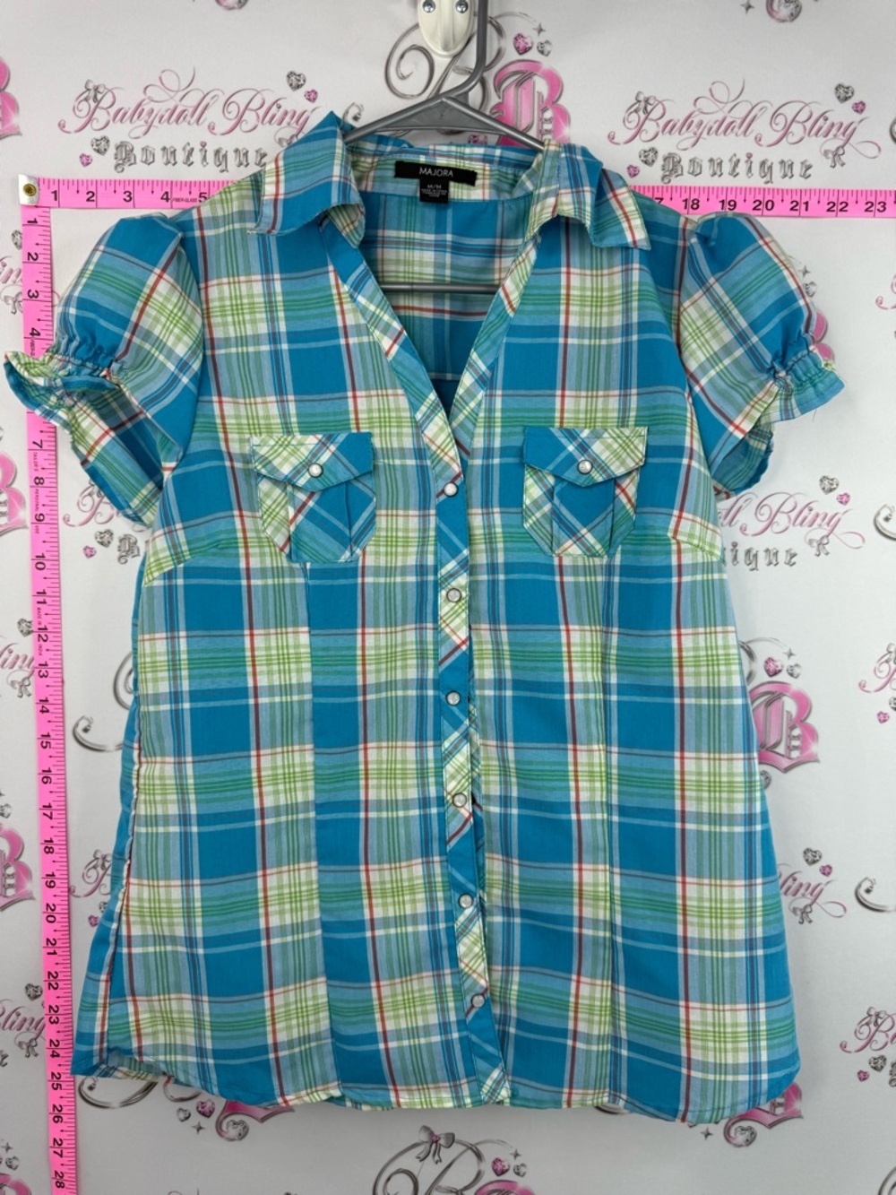 Majora T-shirt y2k Blue Plaid Button-Down Shirt stripes orange blue green white